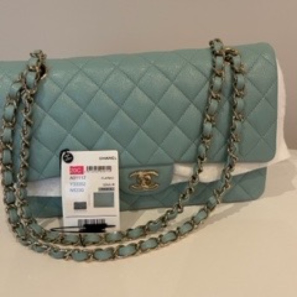 ❌SOLD!!!-❌ NWT! CHANEL Caviar Tiffany Blue Medium ClassicFlap/Champagne Hardware - Picture 8 of 13
